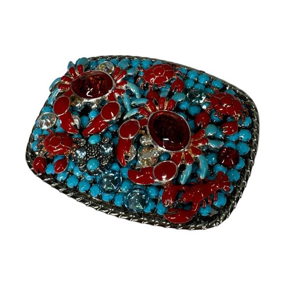 Artisan Boho Crab Lobster Beaded Embellished Belt Buckle Red Blue Coastal Beach - Picture 3 of 6